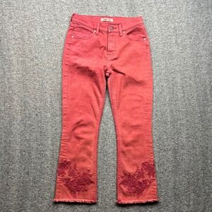 Johnny Was Jeans Womens 25 Red Embroidered Crop Flare Floral Raw Hem JWD1029